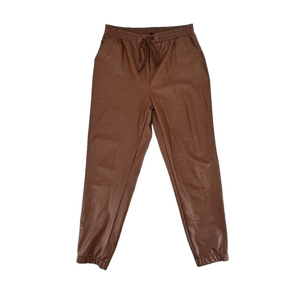 21 Saints Women Large Brown Faux Leather Joggers Pants Drawstring 4-6